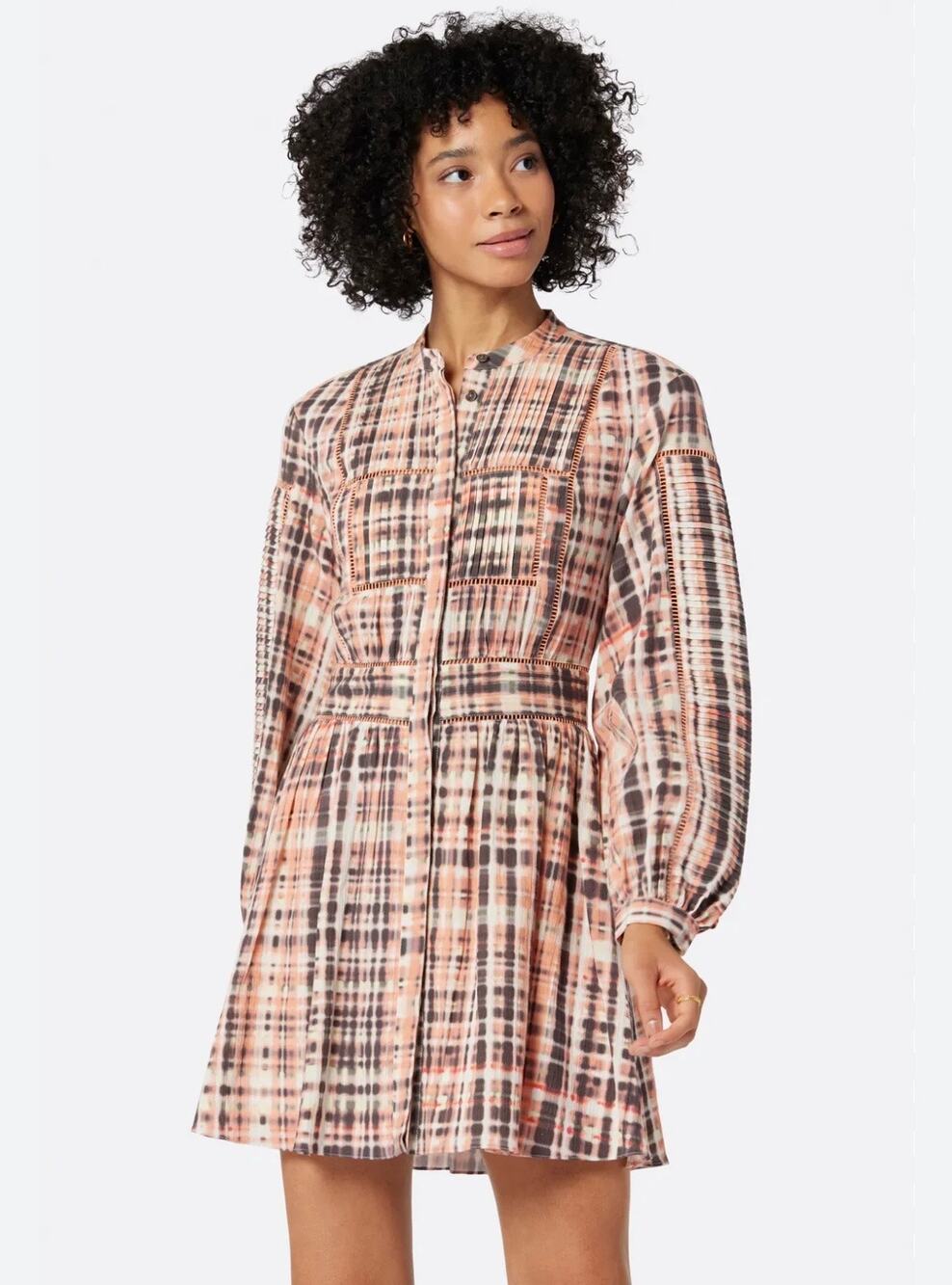 New Joie Charmesse Short Dress Long Sleeve Plaid Espresso Cotton Size 8 Pink